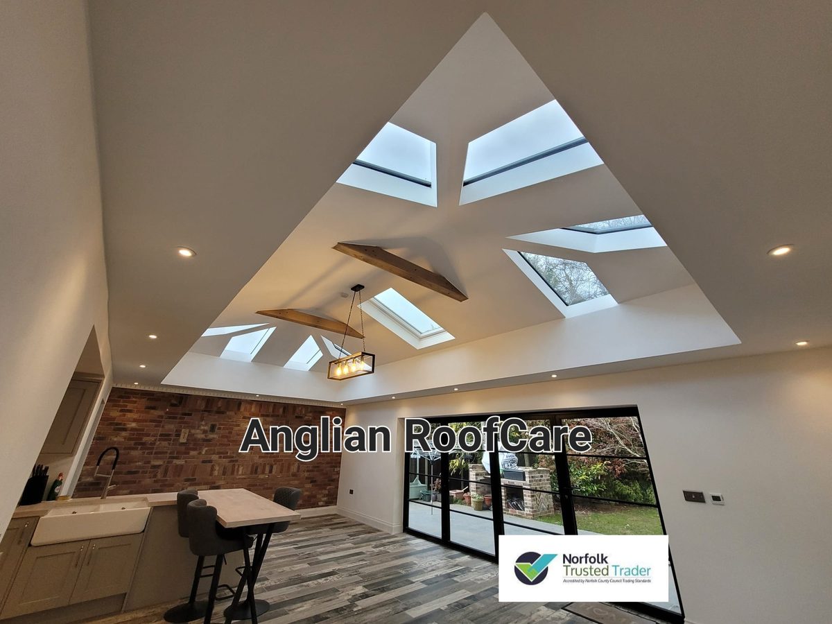 A vaulted kitchen extension crowned with a bespoke roof lantern, installed by Anglian RoofCare