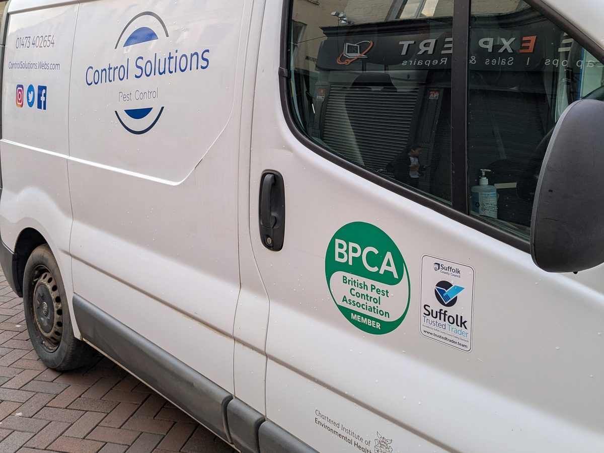 A Control Solutions Pest Control van carrying its British Pest Control Association membership and Suffolk Trusted Trader livery