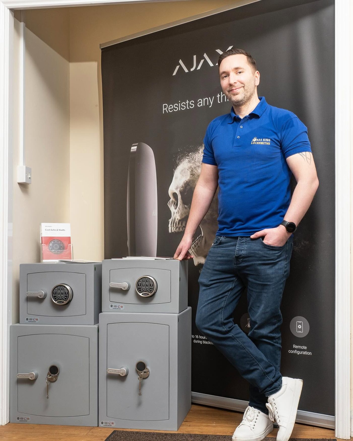 Jonas King with a range of safes in the Harleston shop