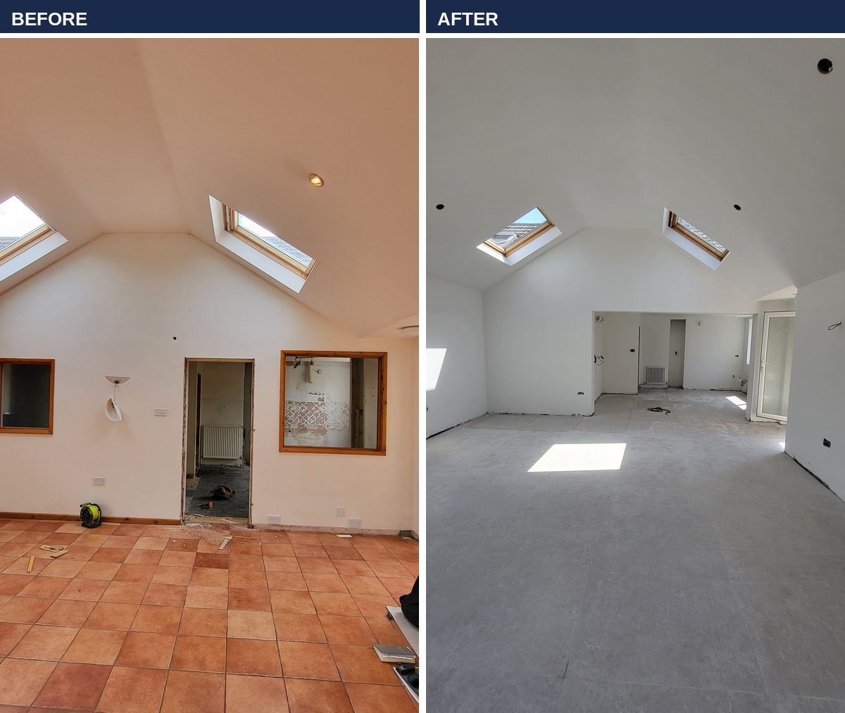 Before and after the kitchen to extension knock through carried out by Sentinal Industries, the same room shown with the wall in place and then opened up, re-tiled and finished