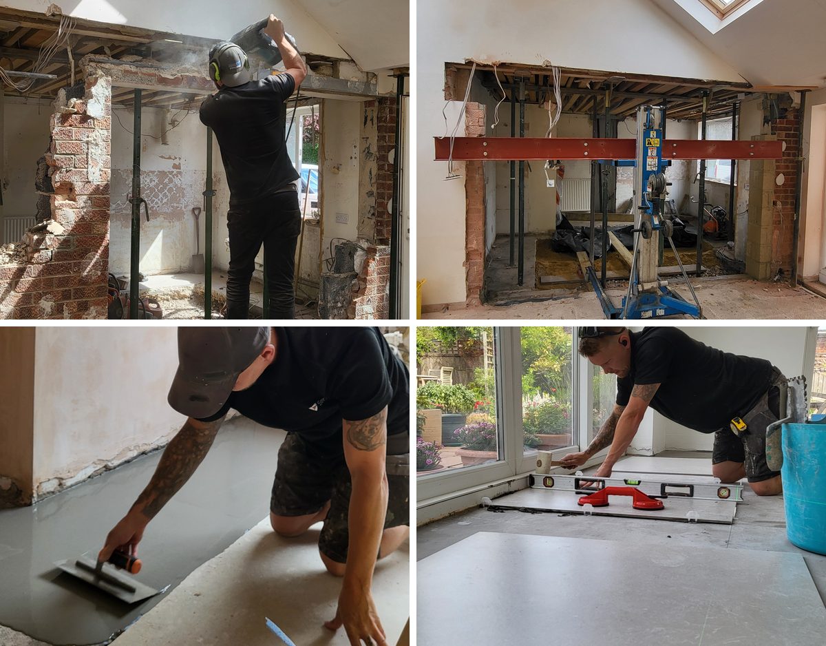 Four stages of the Sentinal Industries knock through: cutting out the wall, the new steel lintel lifted into place, tiling to a laser line and levelling the floor