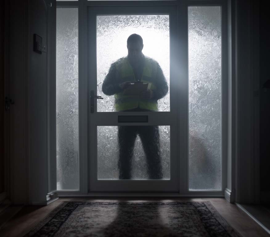 Silhouette of a man in a high-visibility jacket at a frosted glass front door