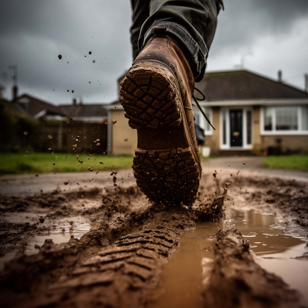 Muddy boot stamping near a home, representing urgency tactics used by rogue traders